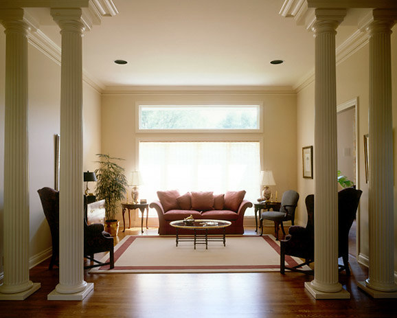 White Fluted Tuscan Columns in Living Room