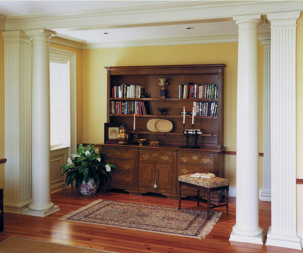 Two Smooth White Columns and Two Tapered Square Columns